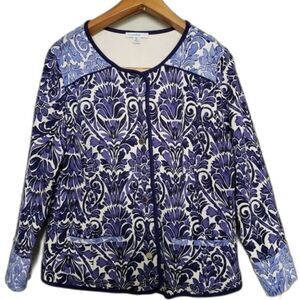 Isaac Mizrahi Floral Print Cardigan Blue Size Medium – Button Front Knit Top